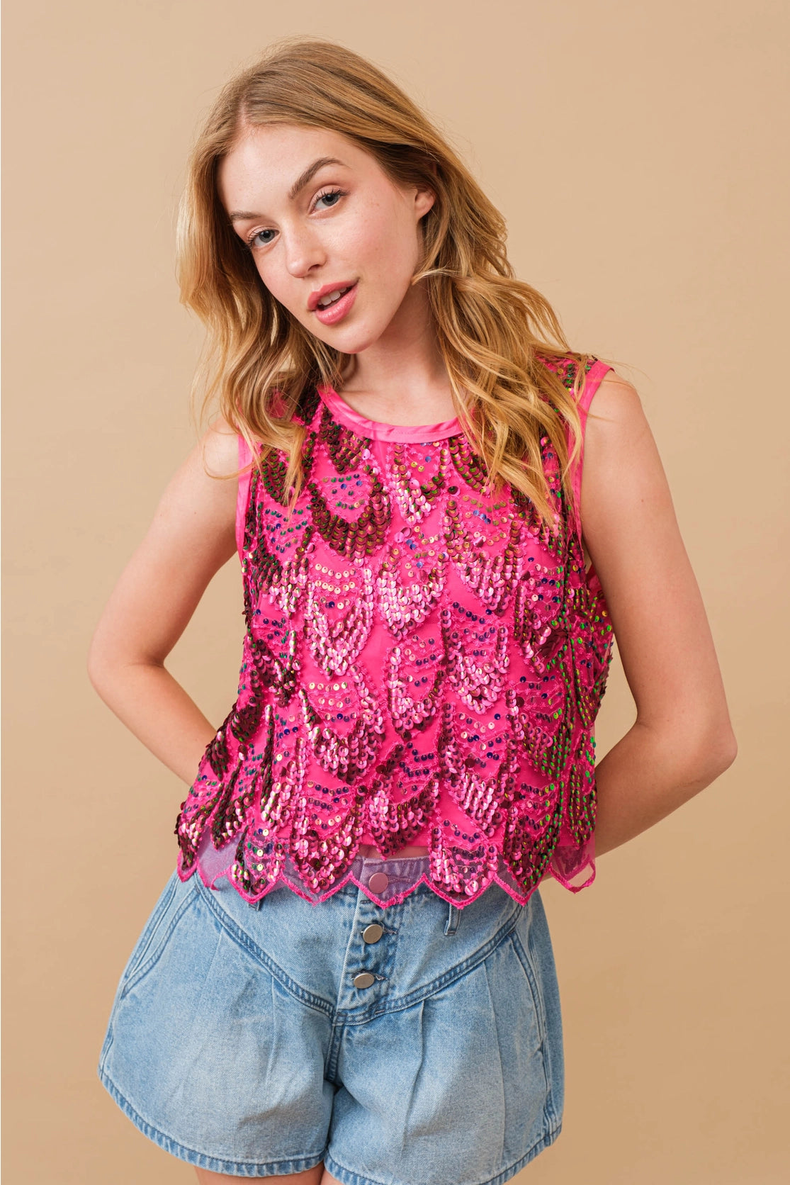 Hot Pink Embellished Sequin Scallop Top