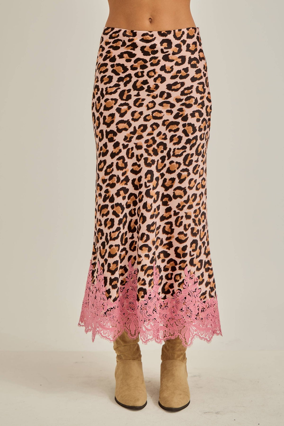 Leopard with lace hem fit & flare bias maxi skirt