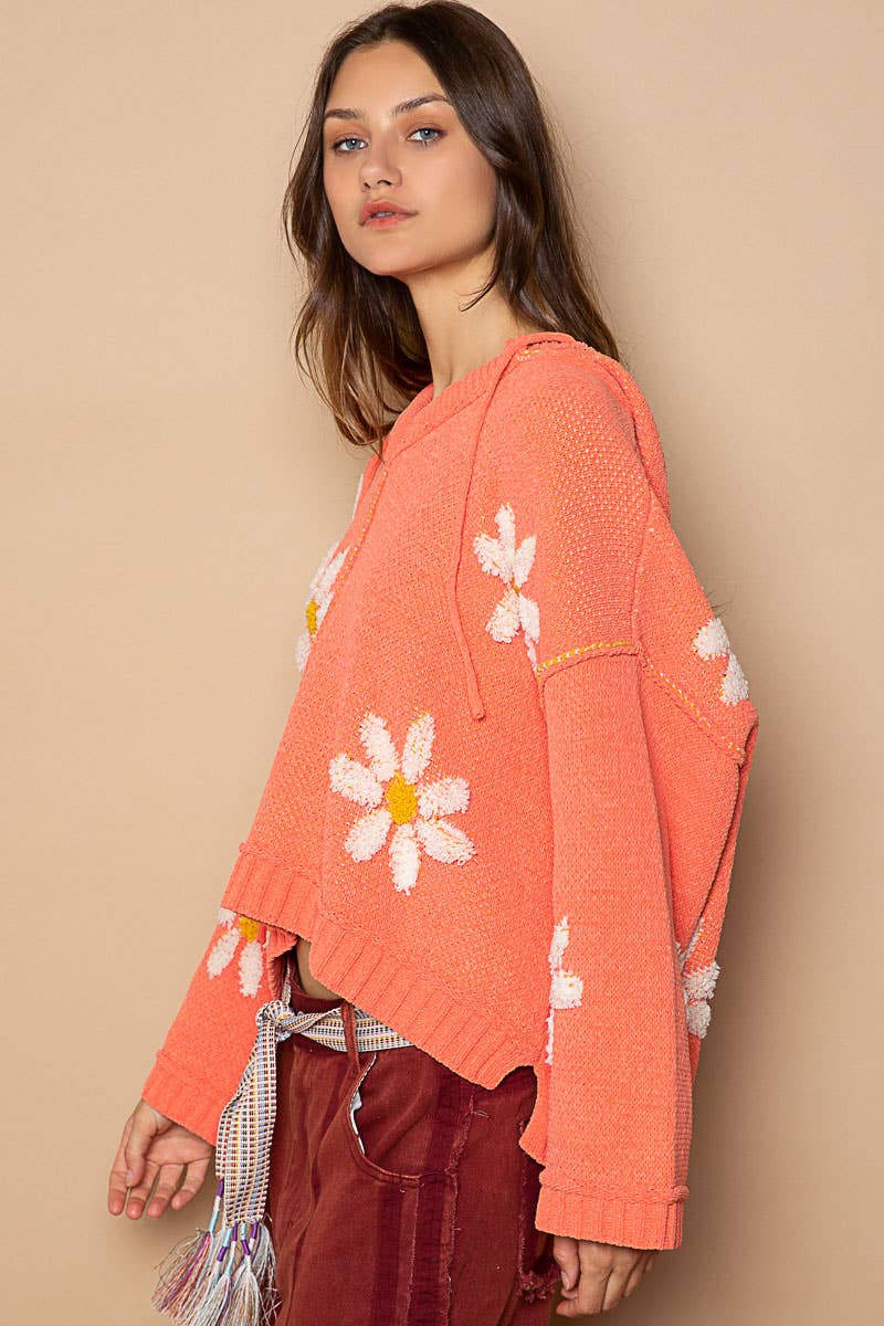 Hooded v-neck daisy pattern ribbed openings sweater