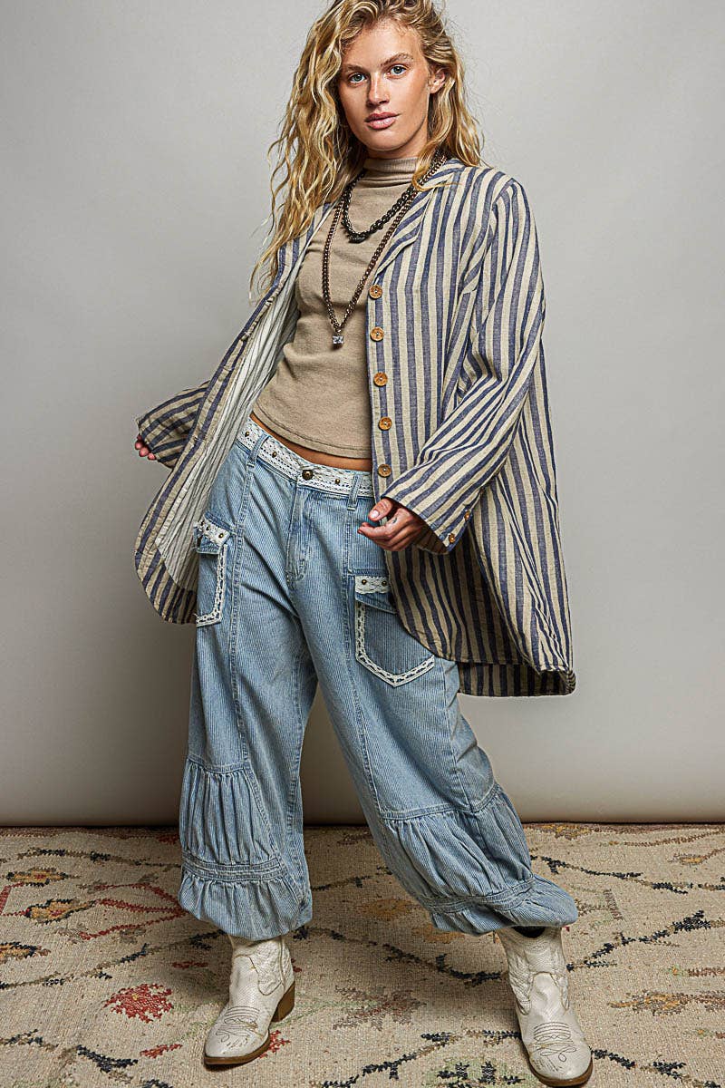 Stripe Pattern Asymmetrical Hem Lapel Style Woven Jacket