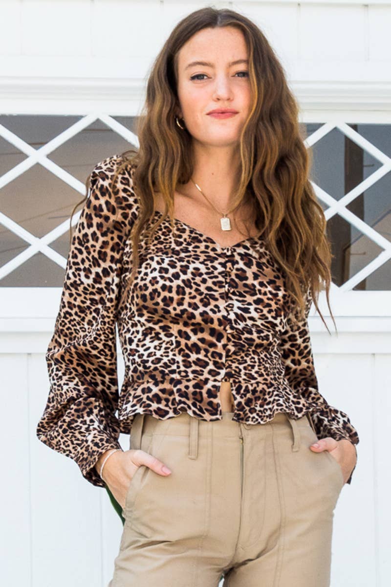 Leopard Animal Print Puff Sleeve Smocked Back Blouse