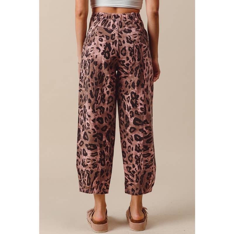 VINTAGE WASHED LEOPARD MID RISE WIDE LEG BARREL SHAPE PANTS