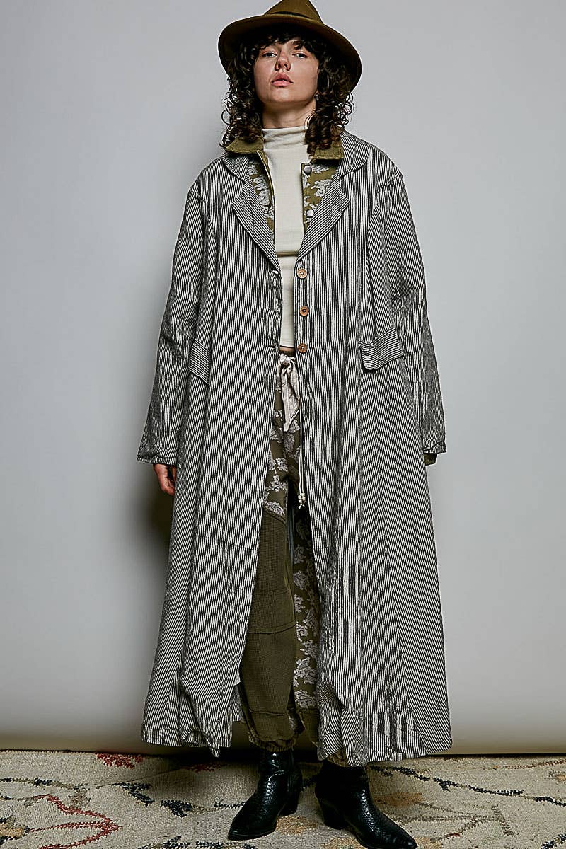Soft Notched Collared Woven Maxi-Length Hem Duster Coat