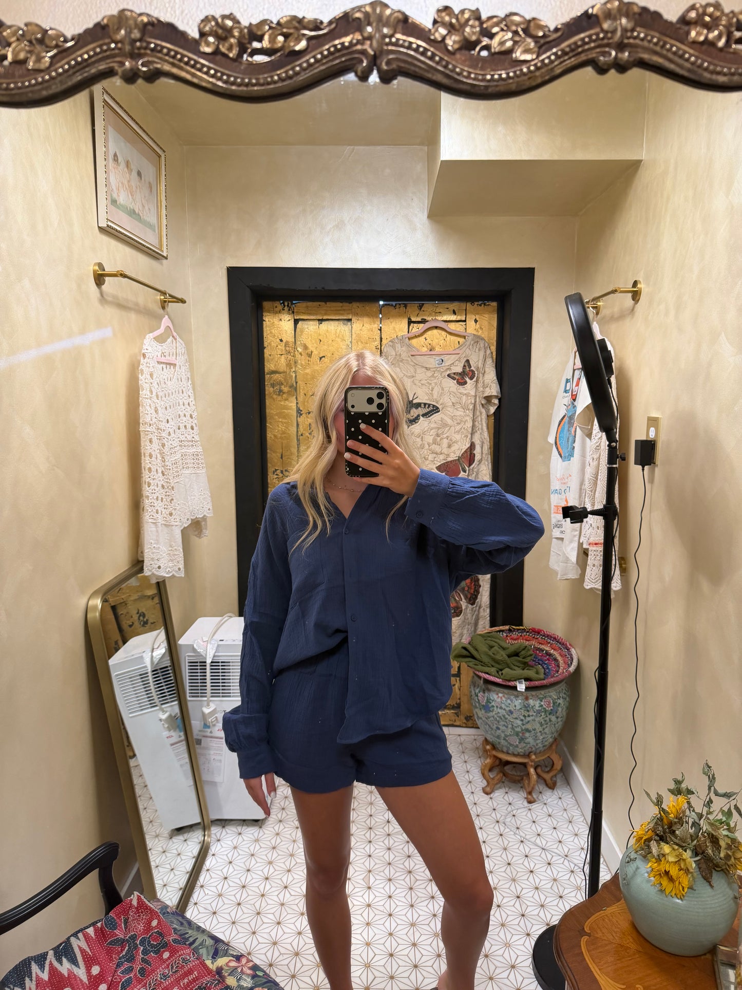 Navy Crinkle Cotton Gauze Resort Button-Up Set