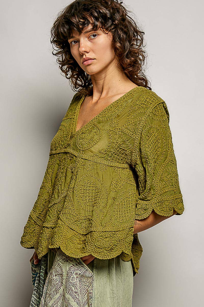 Short Sleeve V-neck Vintage Washing Solid Crochet Top