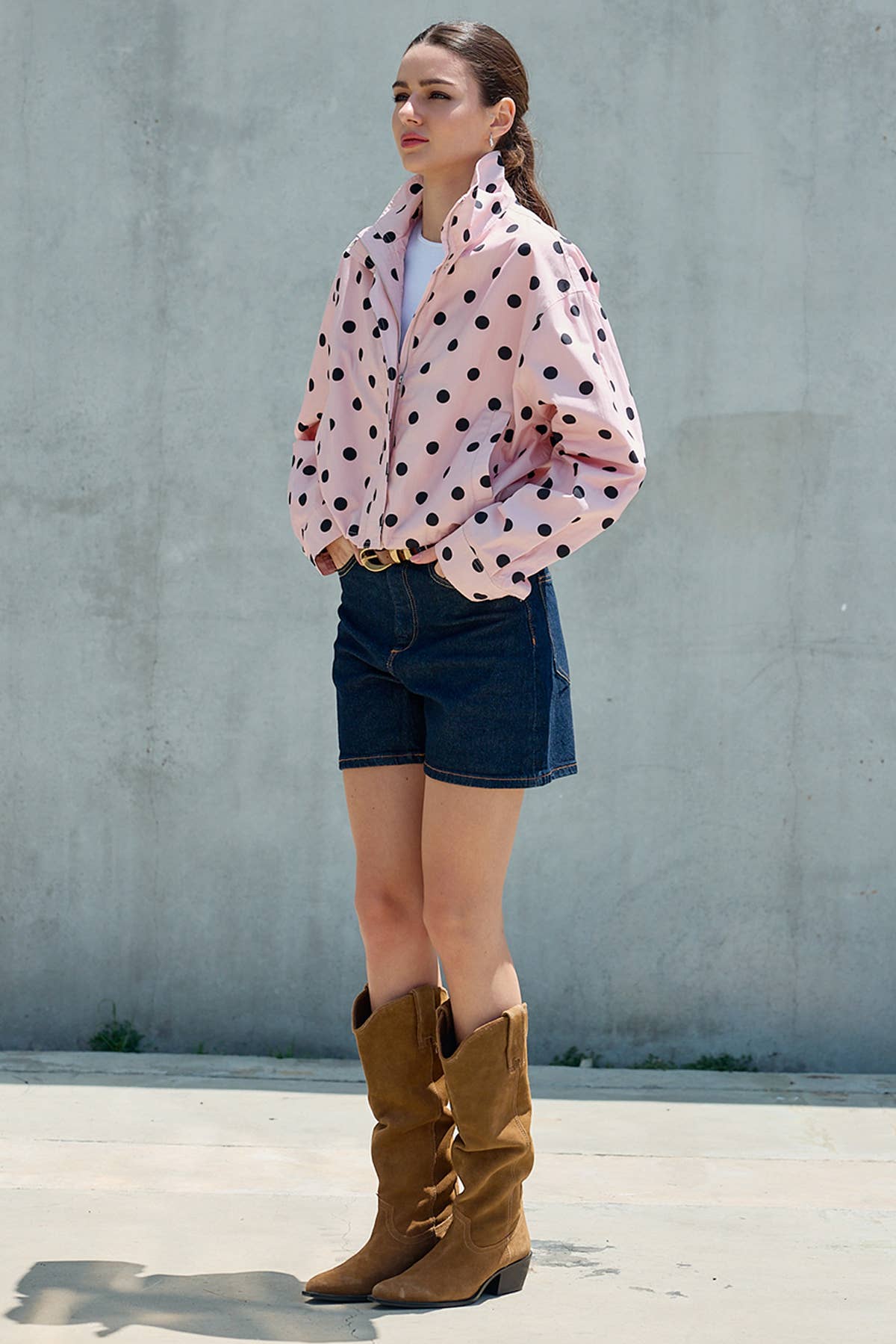 PRE ORDER SHIPS AUG 8-15 Polka Dot Stand Collar Zip Up Jacket