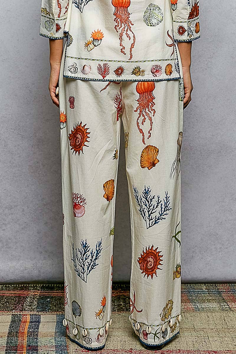 Sea-Inspired Print Shell Trim Contrast Stitch Pants