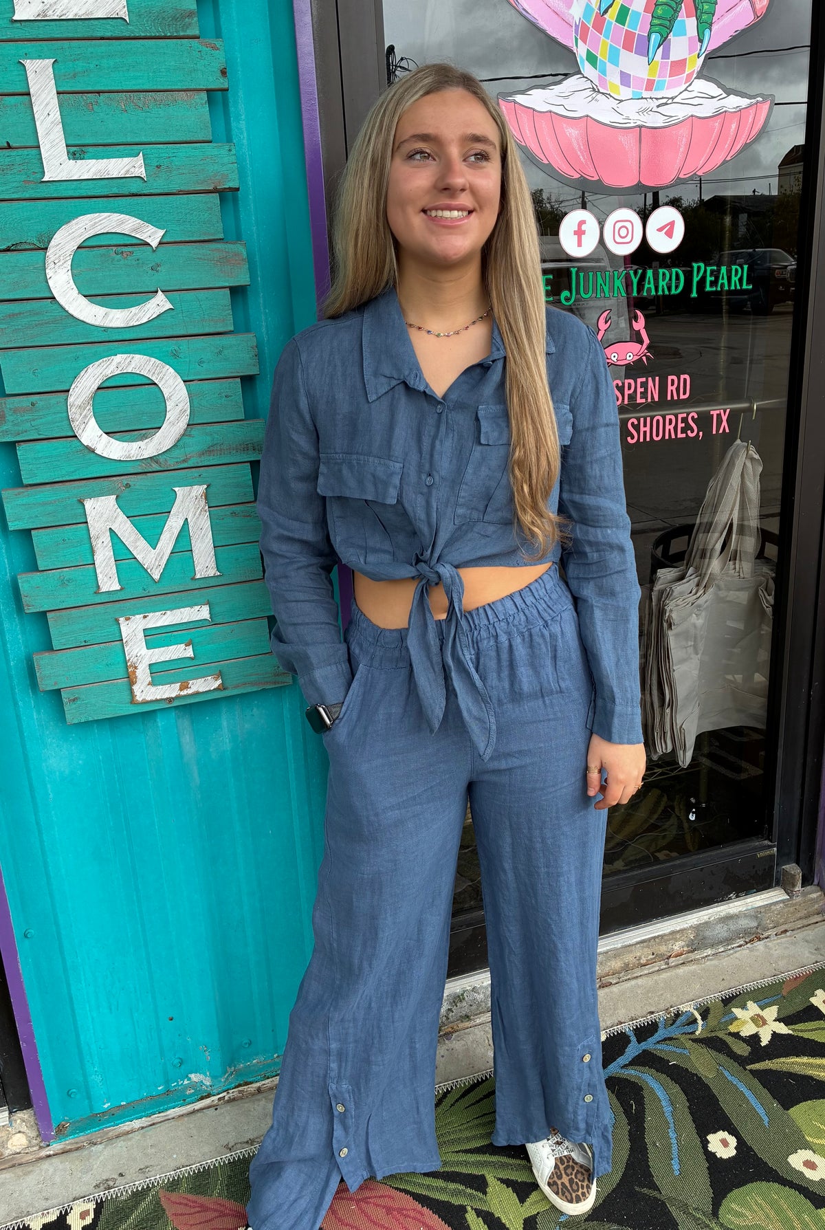 Slate Blue Linen Tie-Front Top