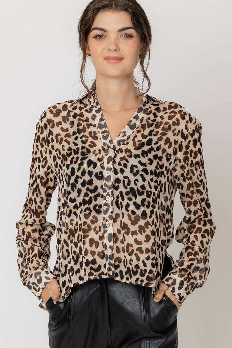 Sheer Leopard Print Button Down Blouse with Lurex