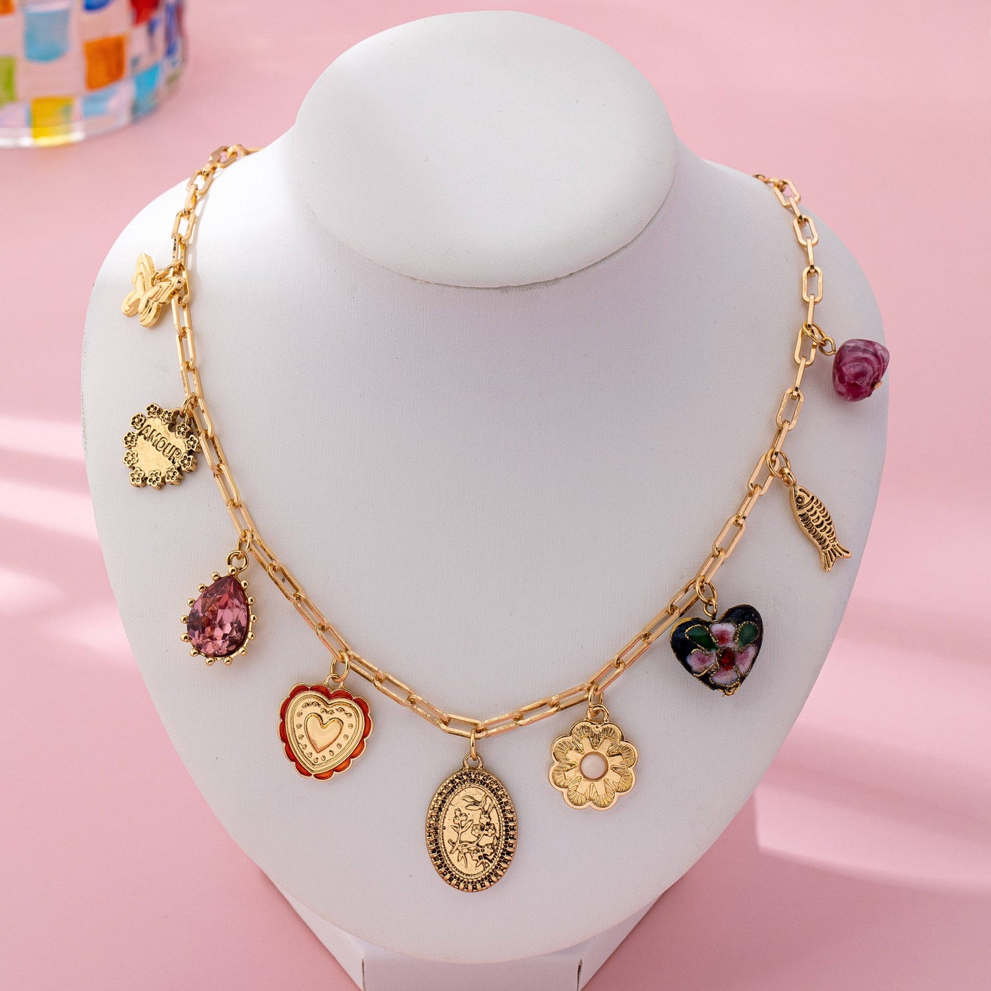 Heart Cloisonne Multi Charm Necklace