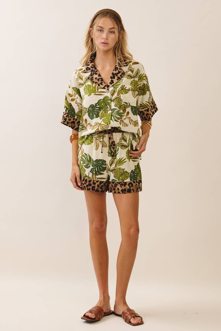 Palm and Leopard Button-up Top Matching Shorts Set