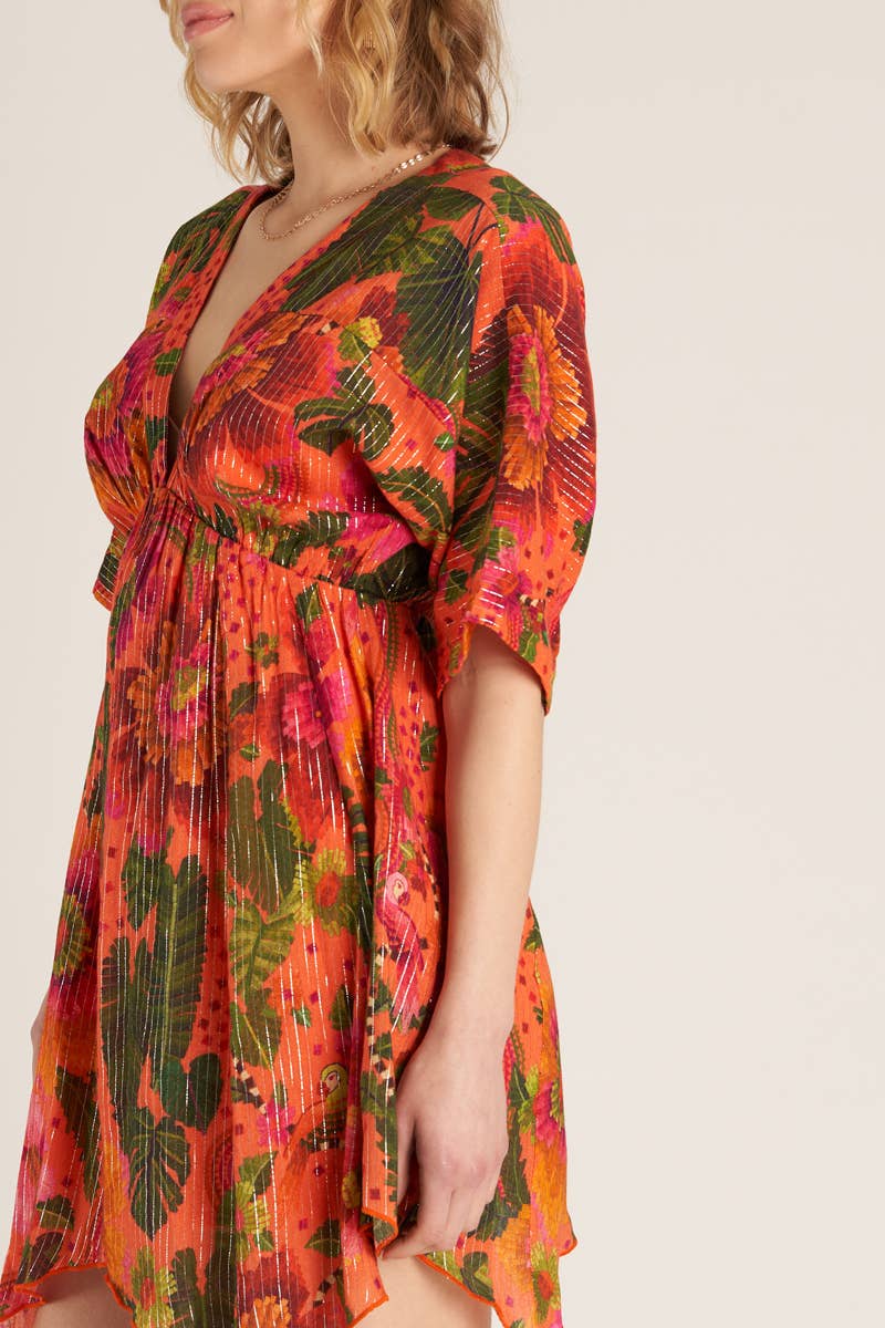 Tropical Print Mini Dress with Lurex Stripes