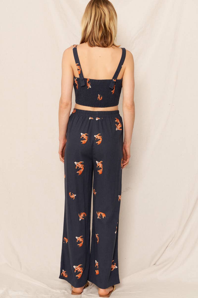 Koi Fish Print Wide Leg Pants