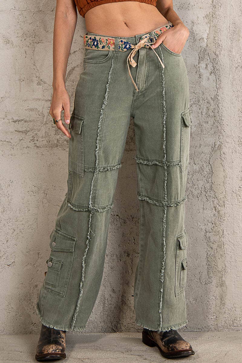 Army Green Outseam Detailing Multi Pocket Baggy Cargo Twill Pants