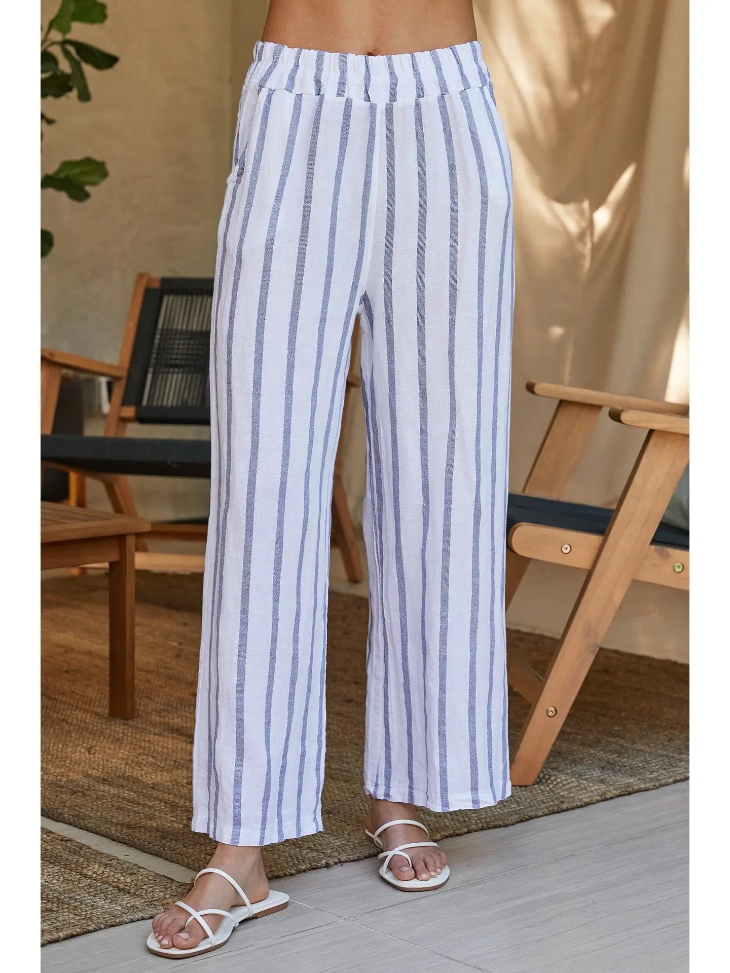 White and Blue Striped Linen Pants