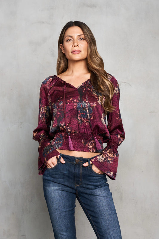 Satin Verona Print Peasant Top w/ Smocking