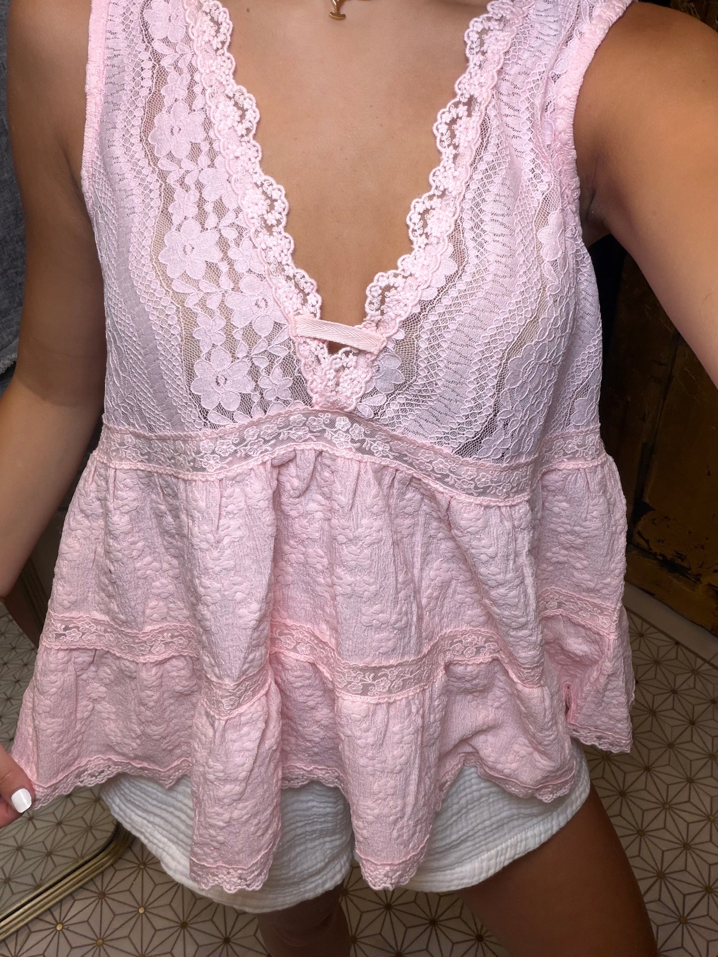 Sleeveless Deep V-neck Lace Trim Knit Top