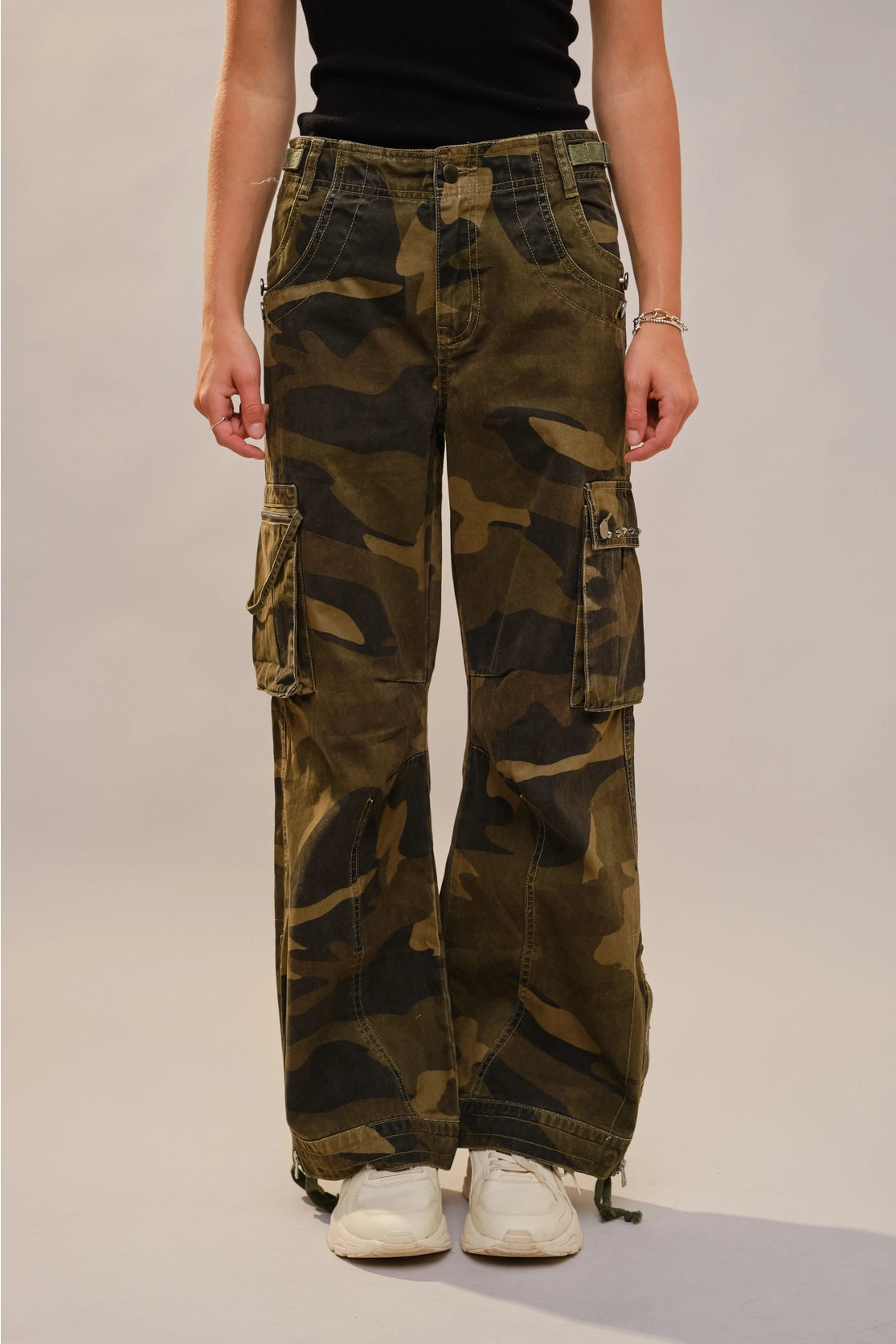 Camo Cargo Pants with Studs and Drawstring