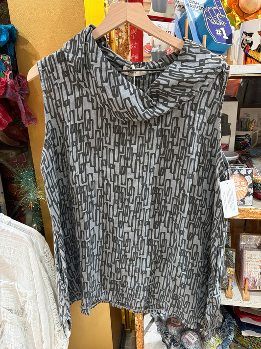 Black and Grey Linen Cowl Collar Shirt