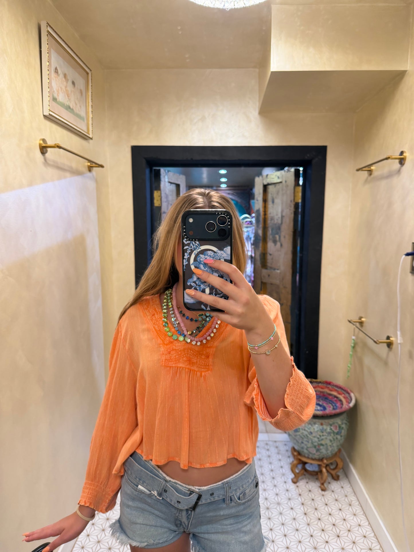 V Neck Long Sleeve Embroidered Textured Woven Blouse Top