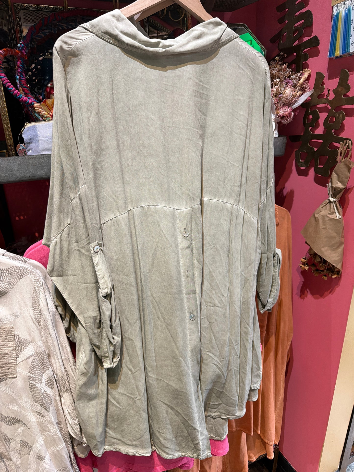 Mineral Wash Olive Green Button Up Tunic Top