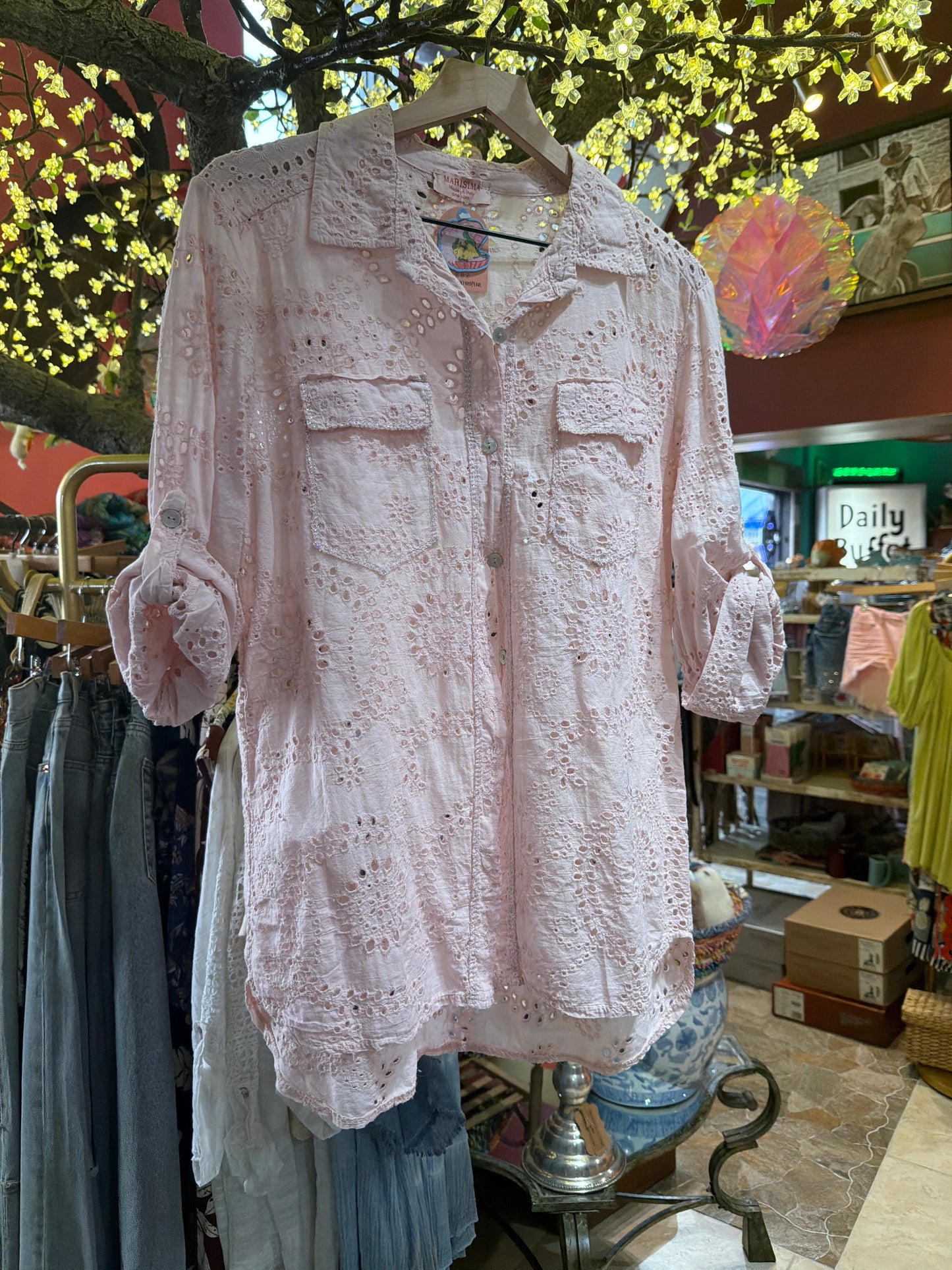 Pink Sparkle Eyelet Button Up