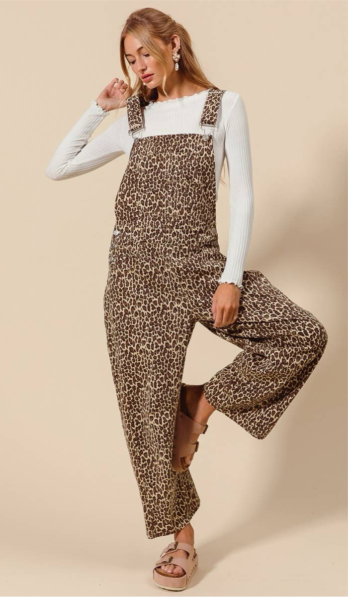 LEOPARD TWILL DENIM SLOUCHY BARREL OVERALLS JUMPSUIT