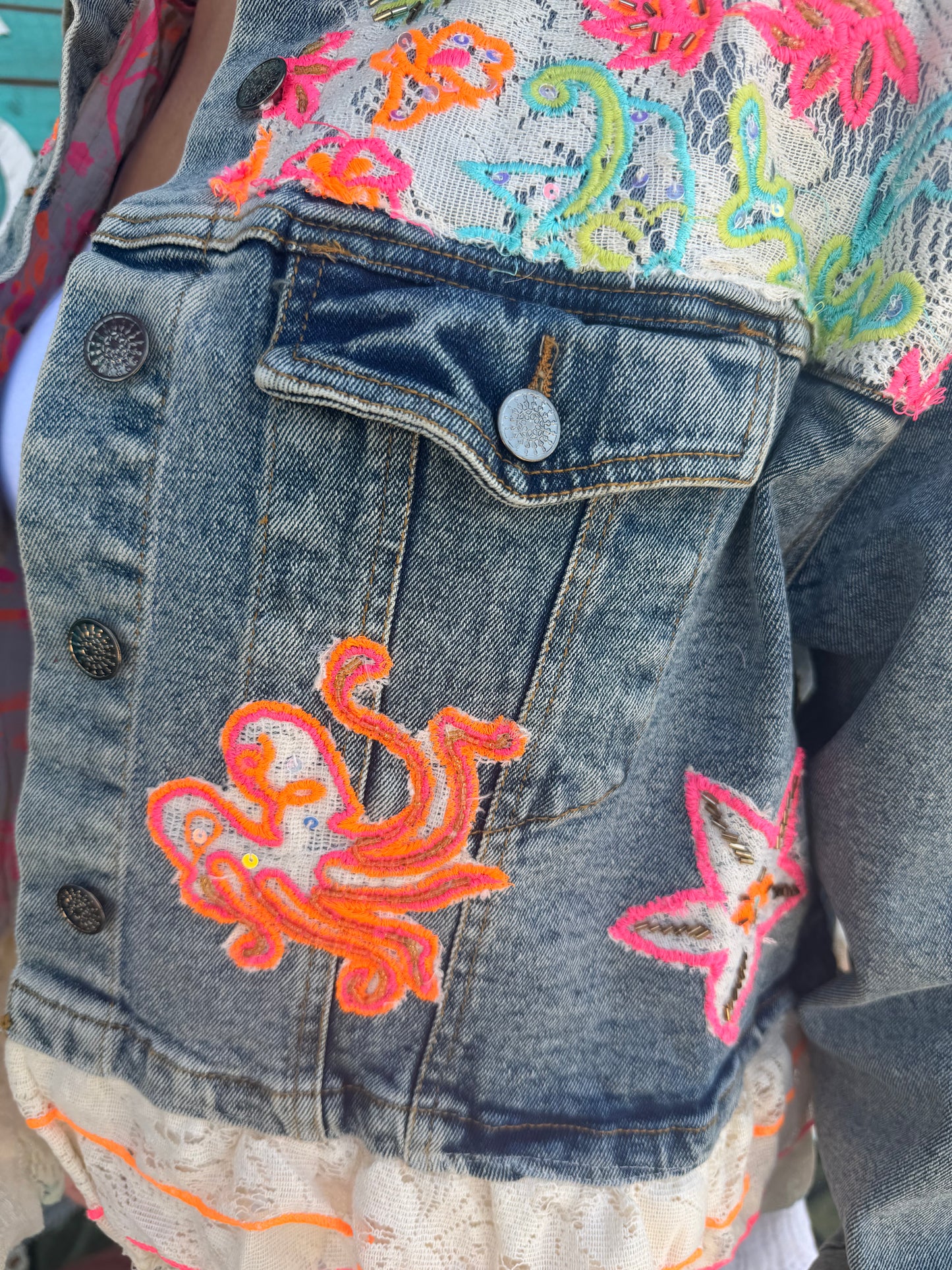 Statement Floral Embroidered Cropped Lace Trim Denim Jacket
