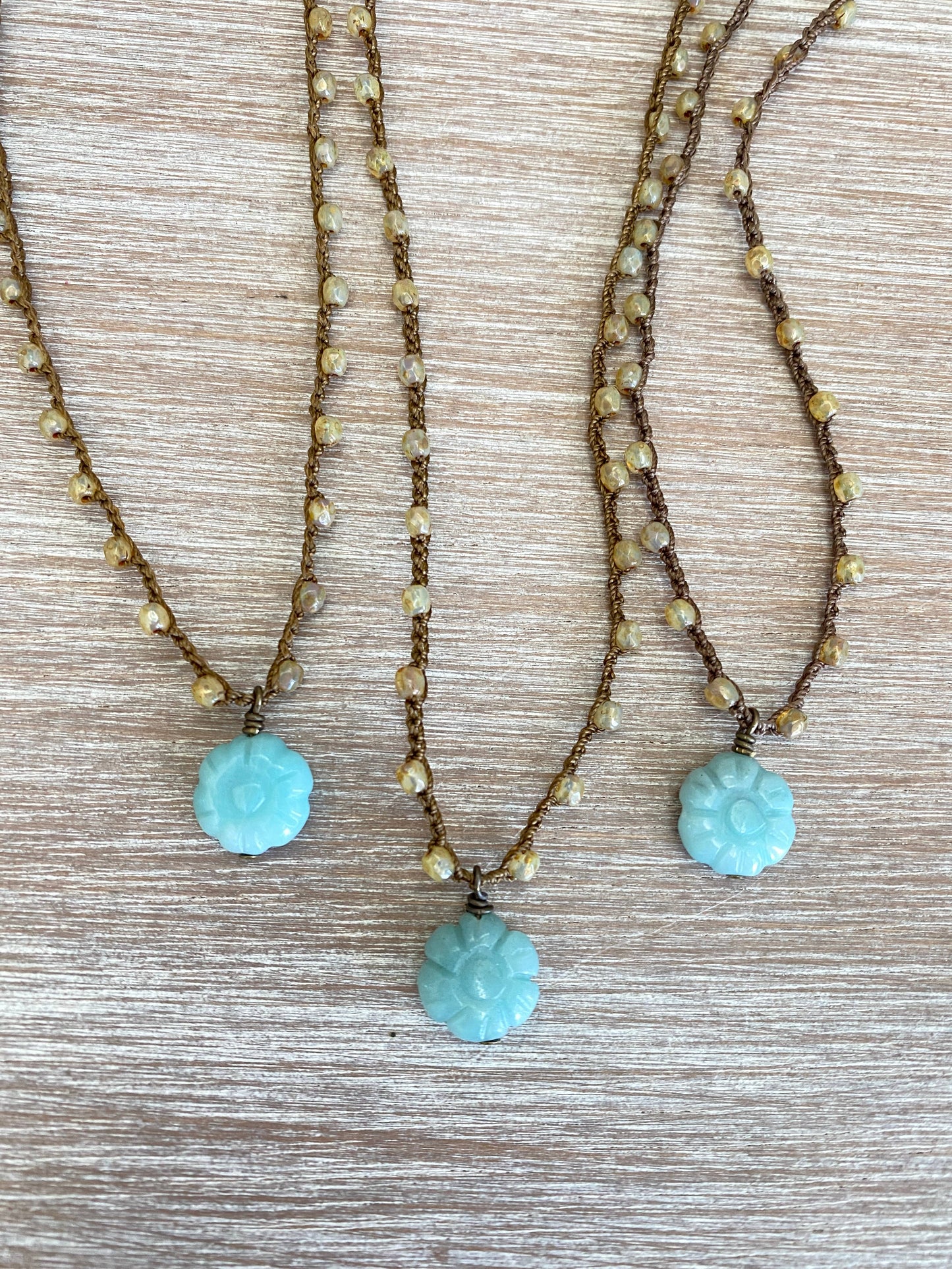 Carved Stone Amazonite Flower On Crocheted Crystal Strand