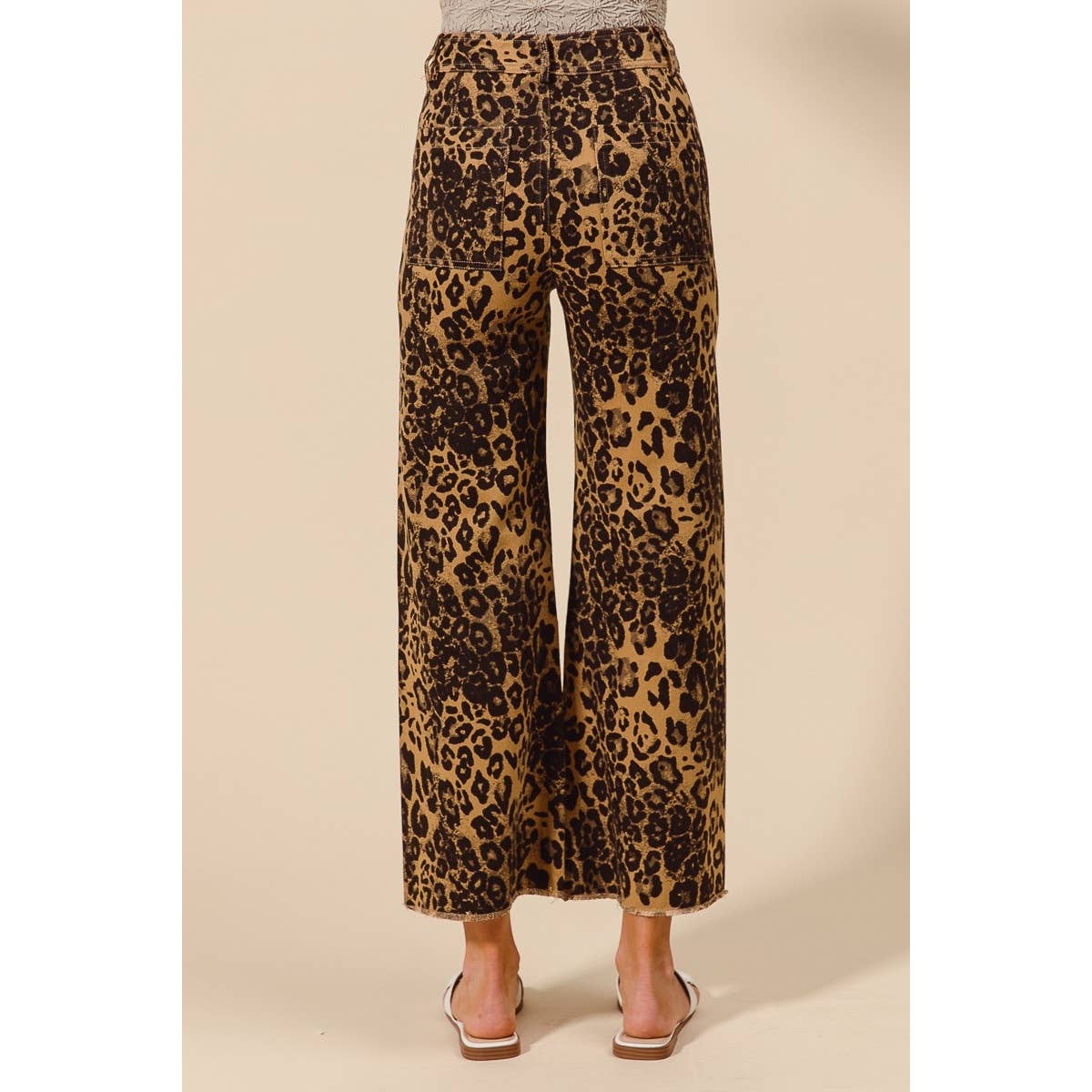 MID RISE LEOPARD TWILL FRAYED HEM WIDE LEG PANTS