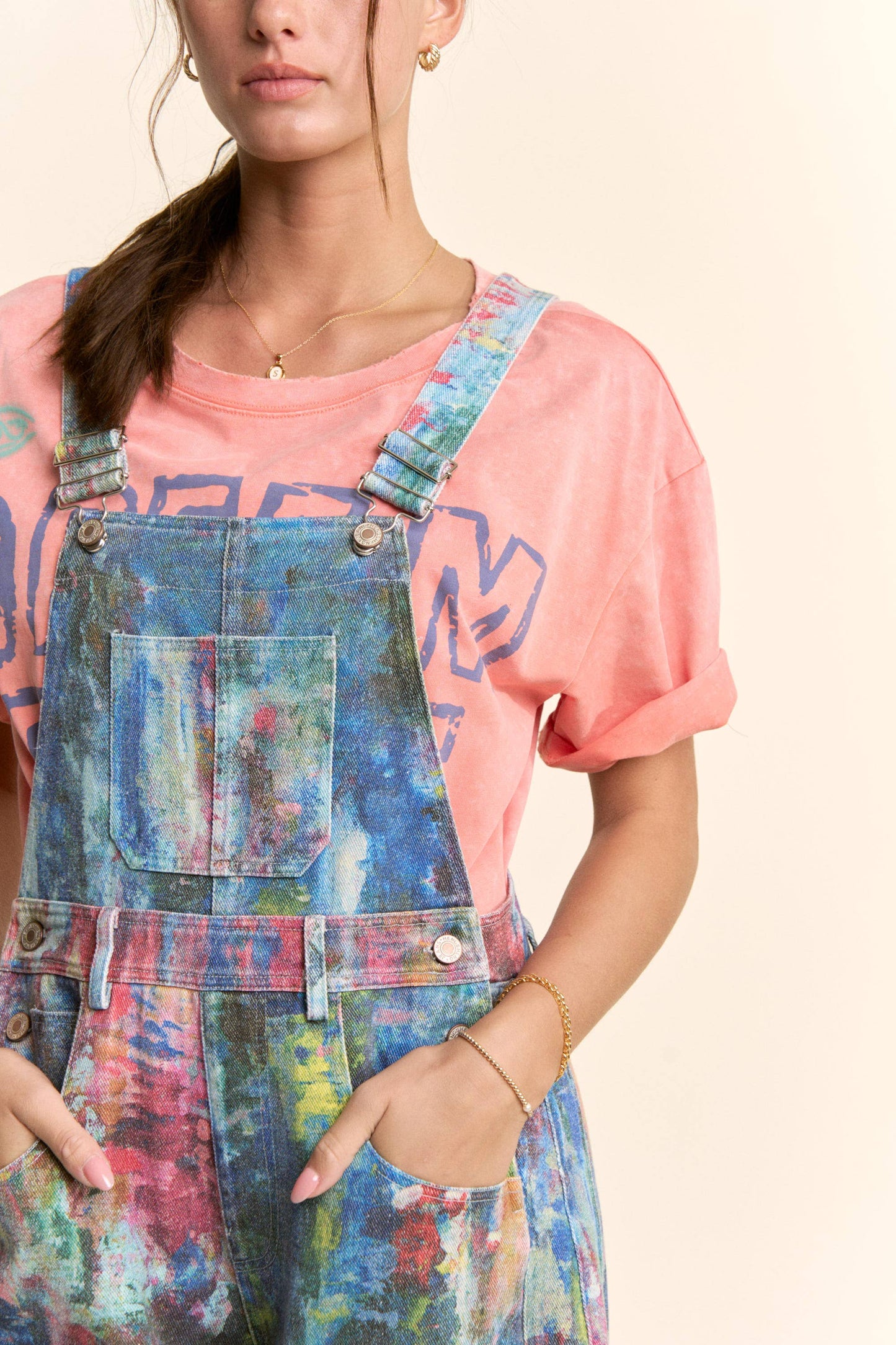 WATER COLOR DENIM BARREL PANTS OVERALL JUMPSUIT
