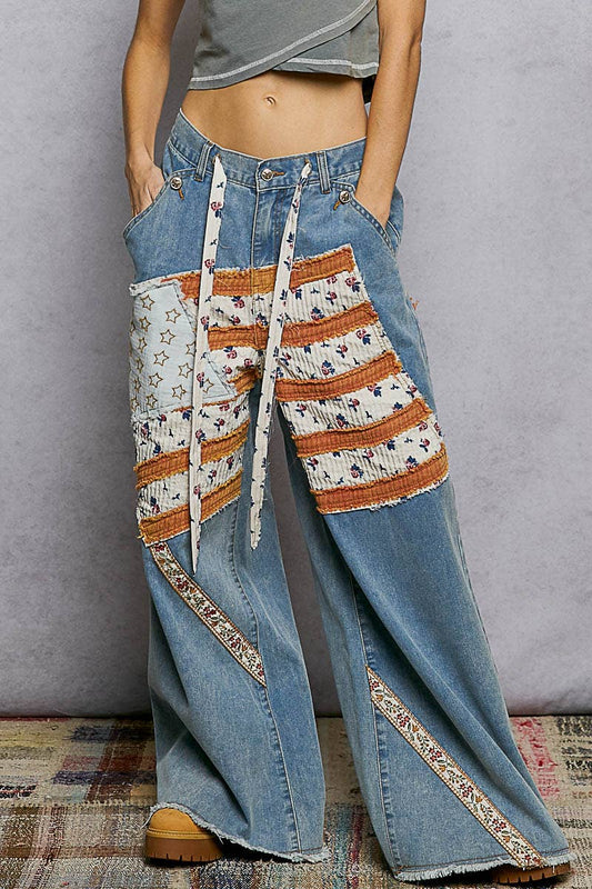 American Flag Patch Elastic Band Solid Stripe Wide Pants