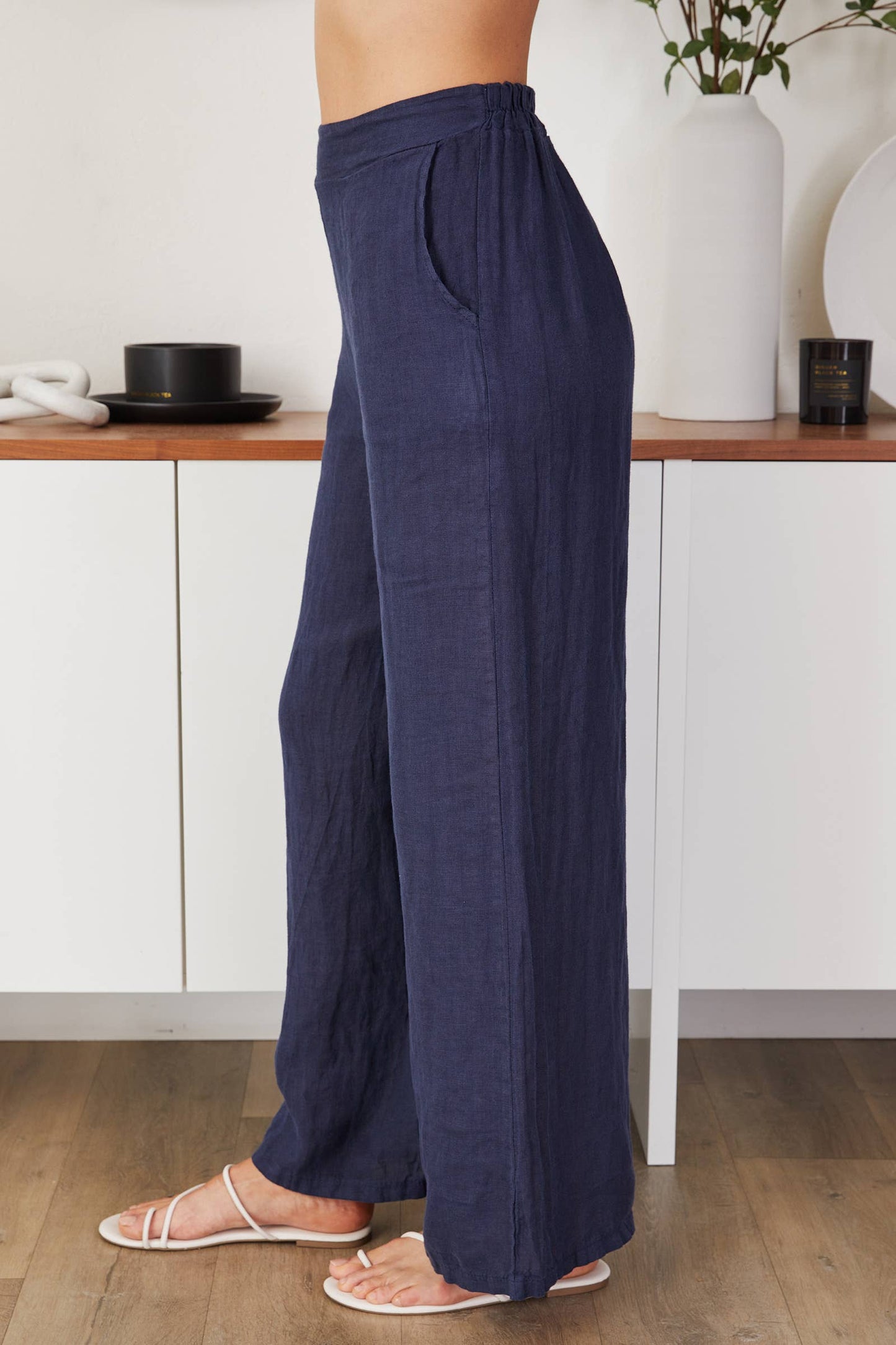 Navy Linen Smocked Waist Palazzo Pants