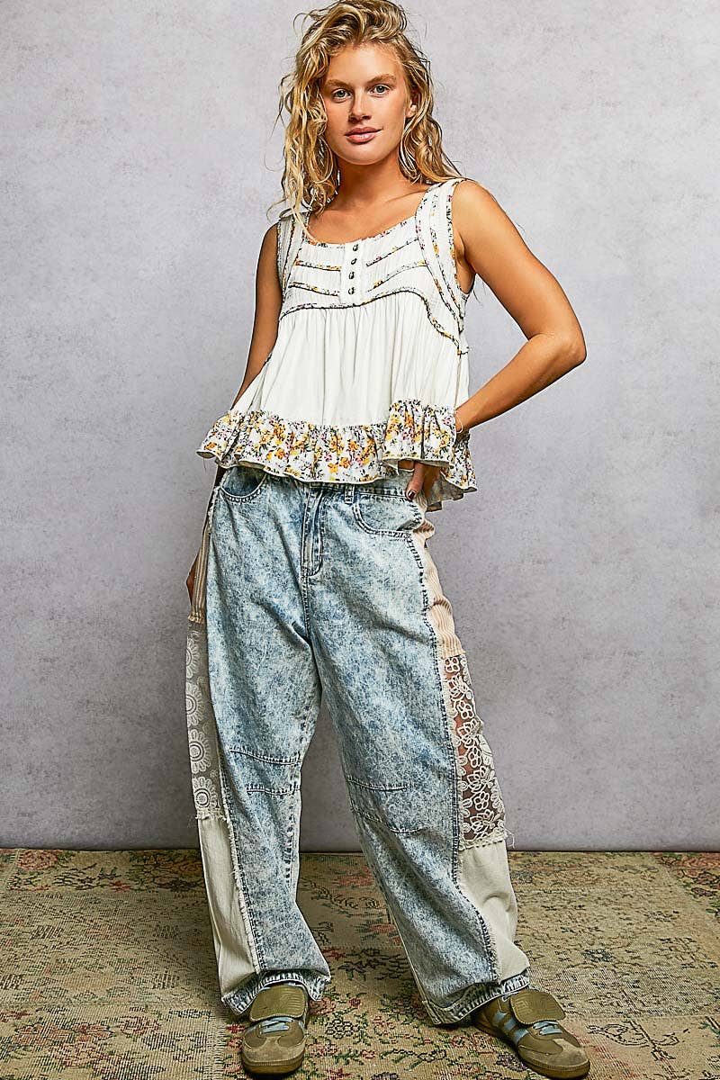 Square Neck Jersey Floral Trim Boho Tank Top
