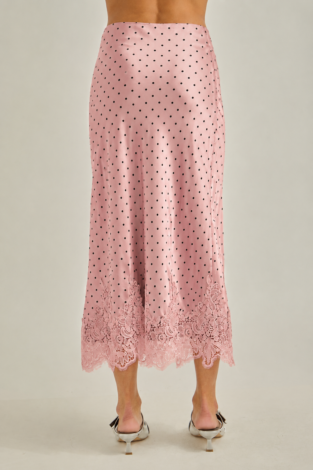 Polkadot with lace hem fit & flare bias midi skirt