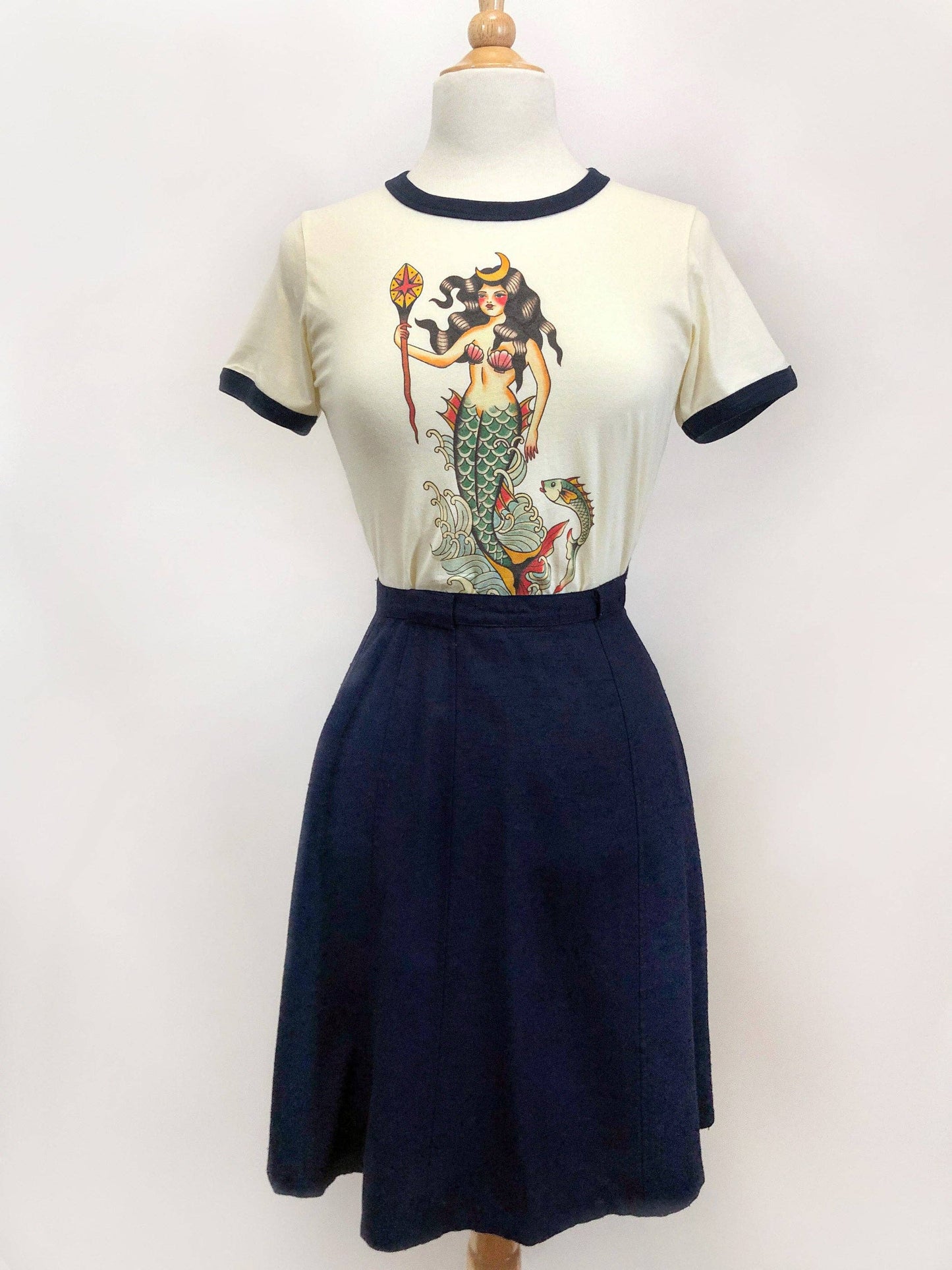 Queen of The Seven Seas Fitted Ringer Tee in Natural/Navy