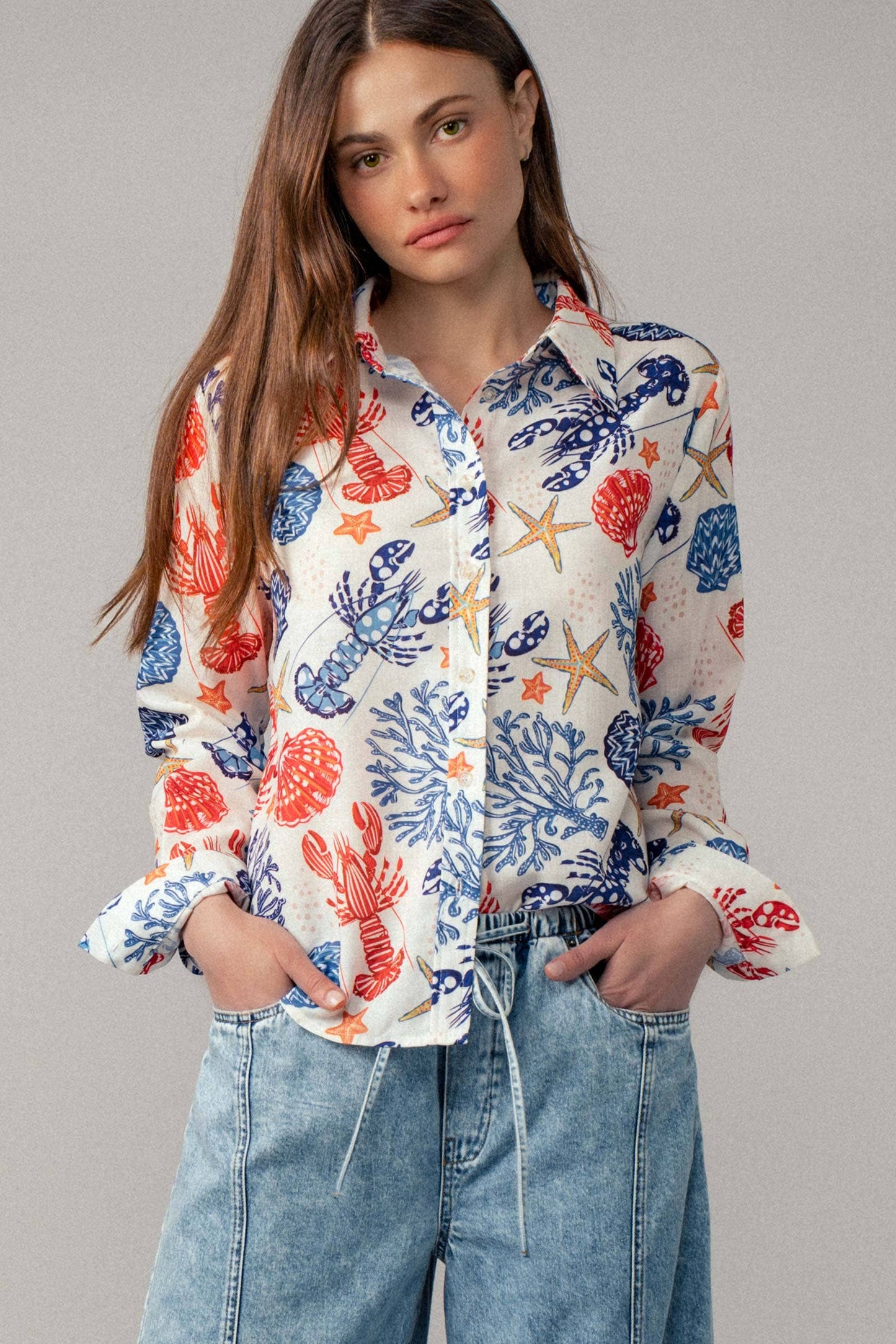 Ocean Shell & Lobster Print Relaxed Summer Shirt