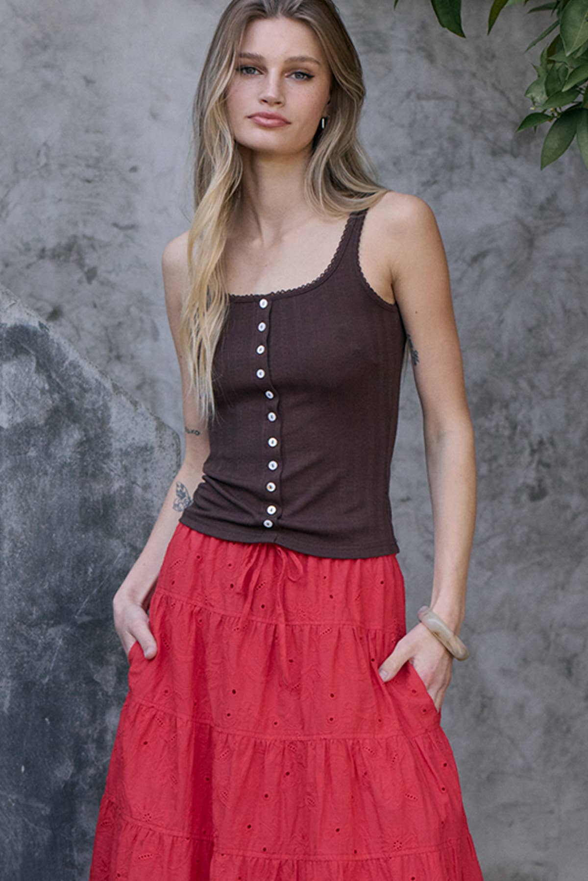 Pointelle Ribbed Button Front Knit Cami
