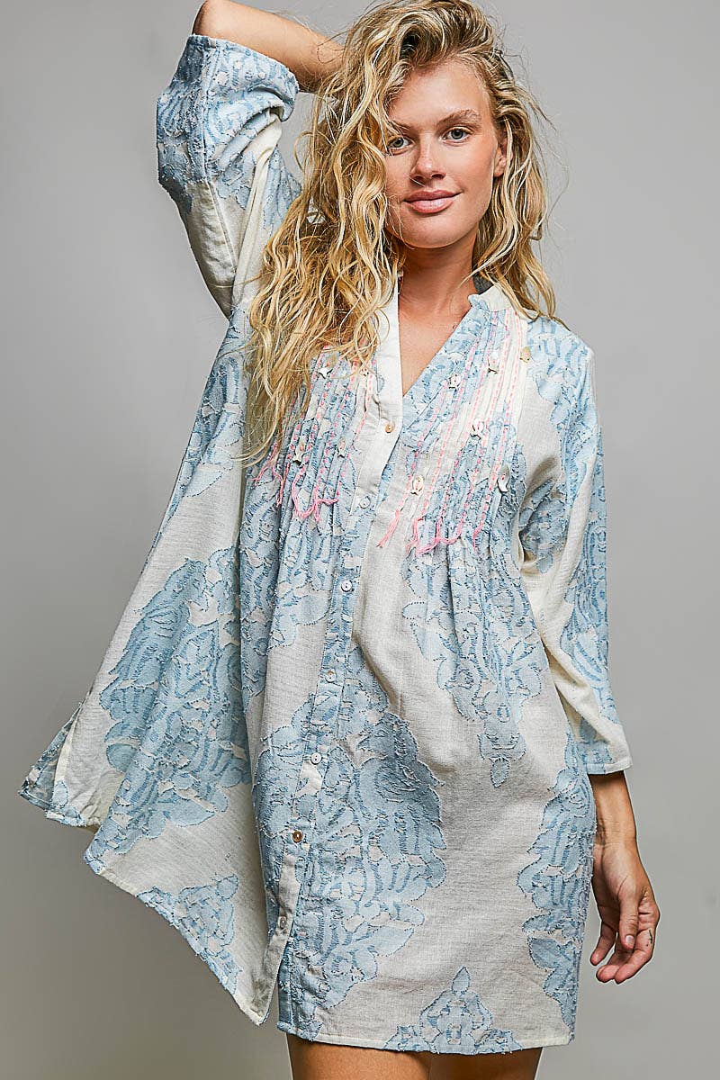 Embroidered Cotton Pinstripe Tunic Dress