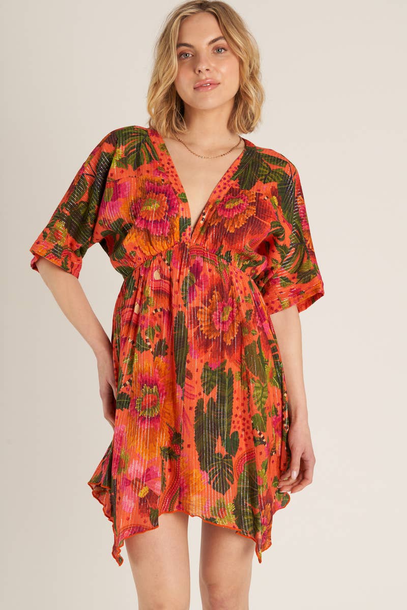 Tropical Print Mini Dress with Lurex Stripes