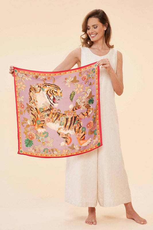 Tasselled 100% Silk Prancing Tiger Scarf - Lilac