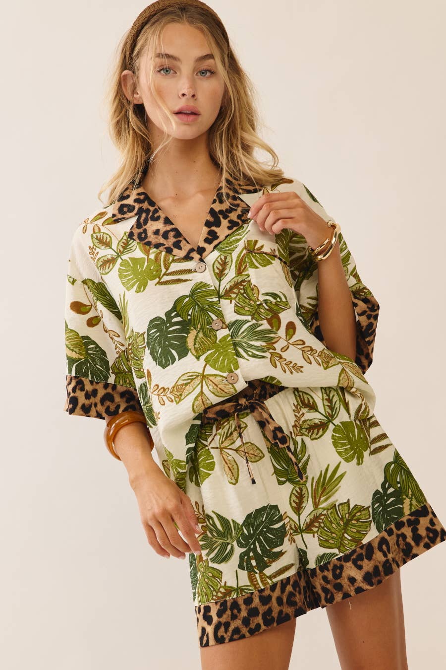 Palm and Leopard Button-up Top Matching Shorts Set