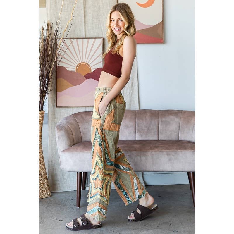 WASHED STAR PATCHWORK MIX MEDIA PANTS