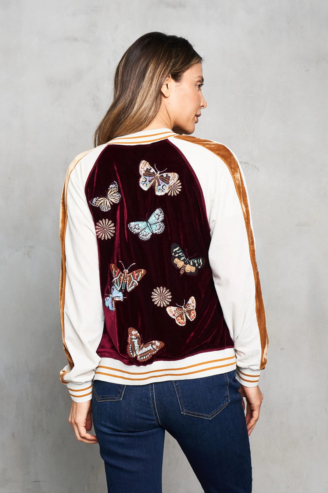 Embroidered Butterfly Bomber Baseball Velvet Jacket
