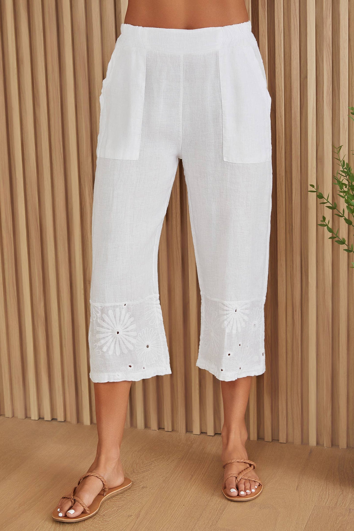 White Linen Crop Pants with Flower Embroidered Cuff