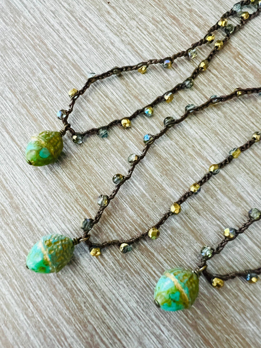 Earthy Glass Forest Acorn Necklace In Beautiful Spring Green