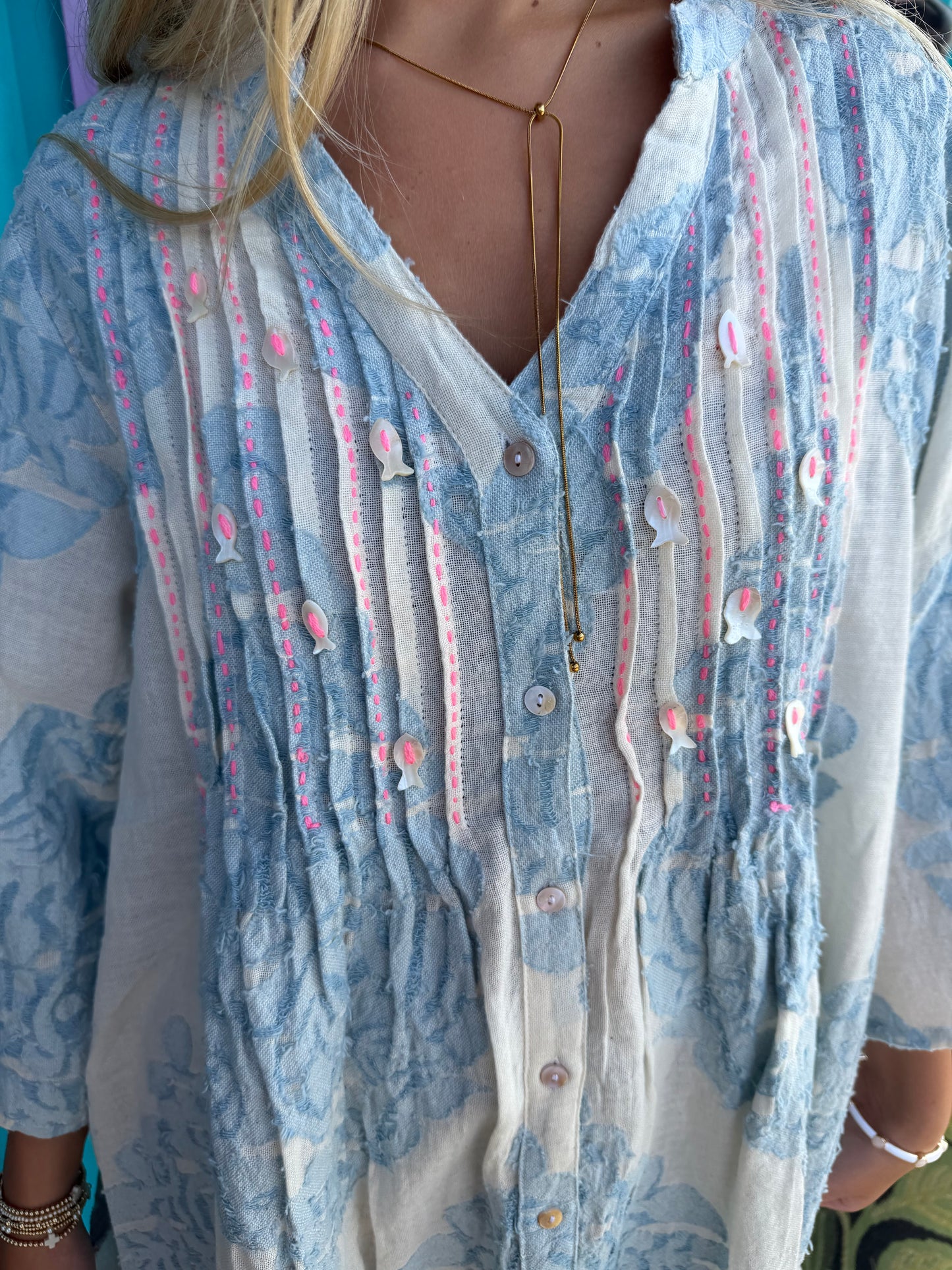 Embroidered Cotton Pinstripe Tunic Dress