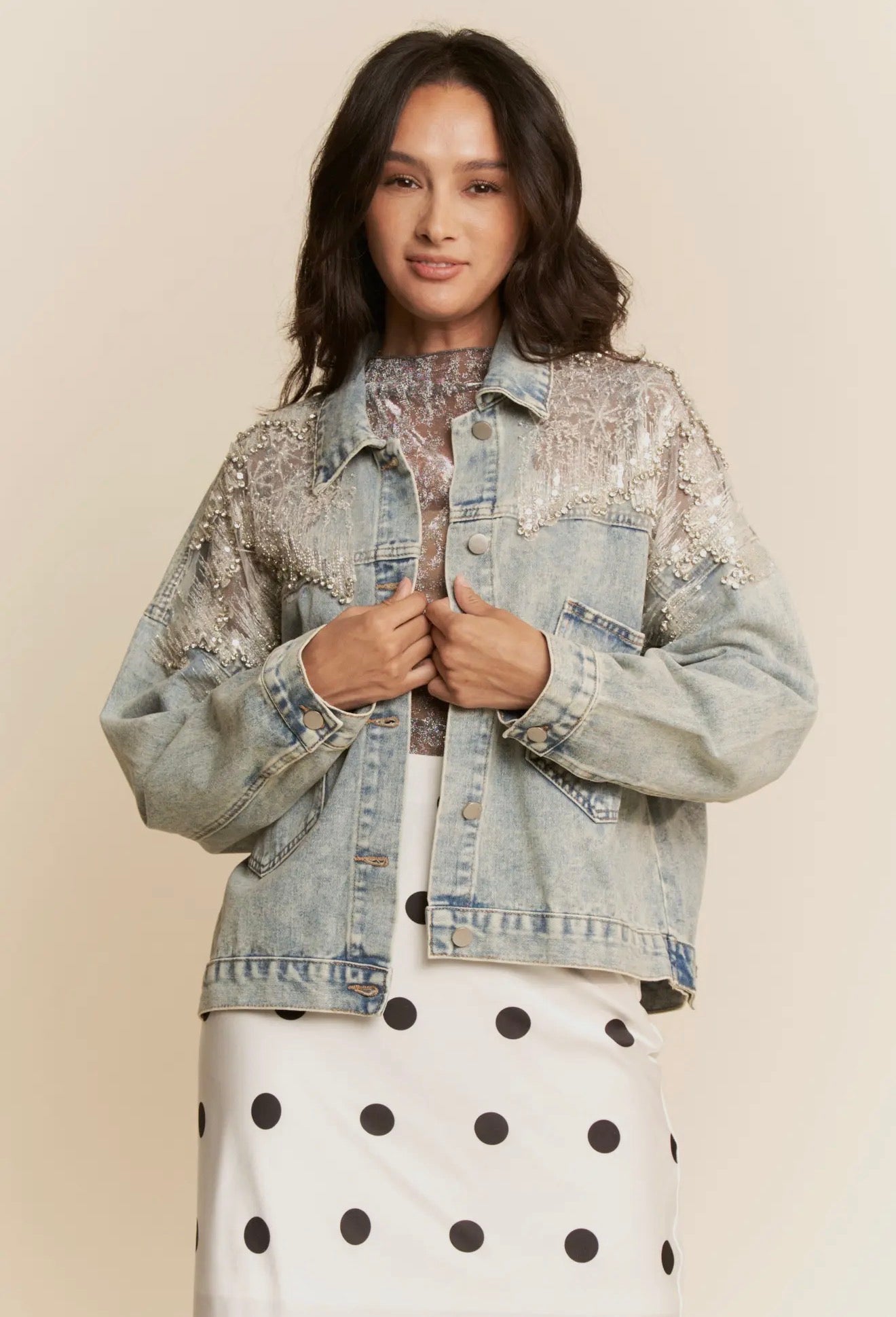 Lace Denim Jacket with Rhinestones and Sequins
