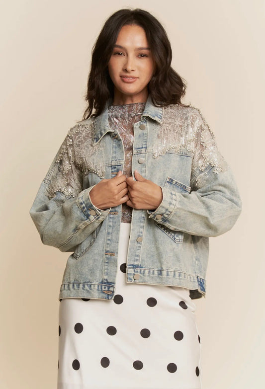 Lace Denim Jacket with Rhinestones and Sequins