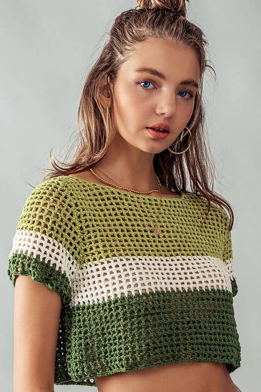 Green STRIPE CROCHET SWEATER CROP TOP